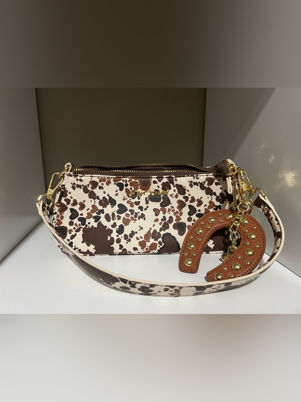 Betsey Johnson Cow Print Cream Shoulder Bag with Brown and Black Spots and Heart